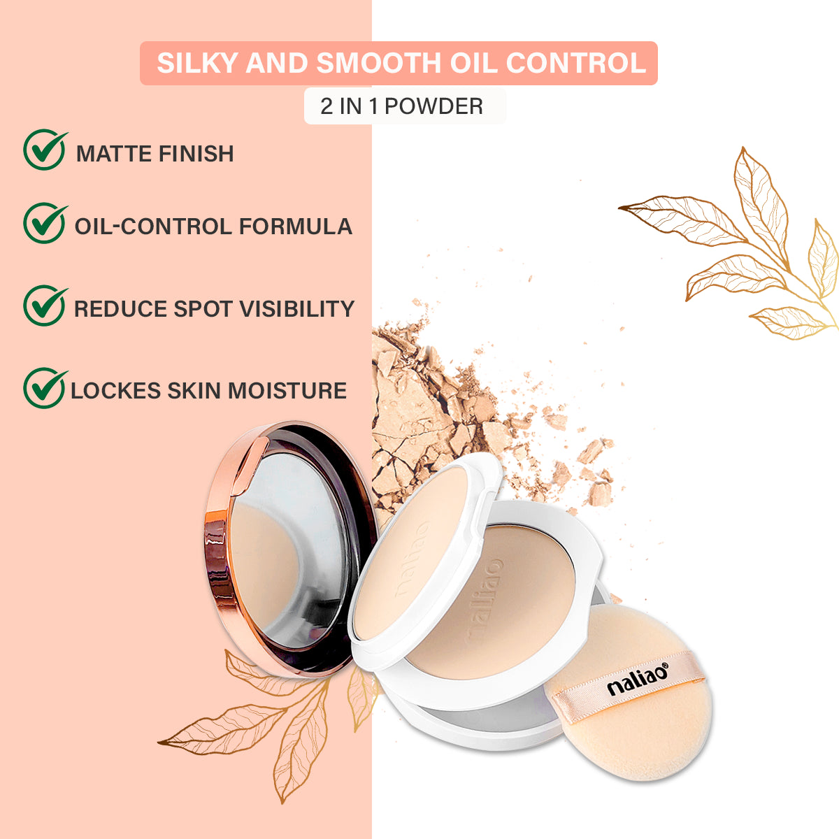 Maliao Silky Smooth Oil Control Compact Powder - 2-in-1 Formula for Perfect Coverage & All-Day Radiance